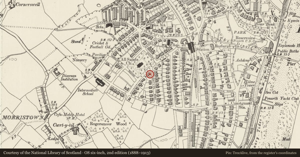 Ordnance Survey six-inch map, 2nd edition (1888–1913) covering the location of St Anne's, Penarth, Vale of Glamorgan, with a pin at the register's coordinates