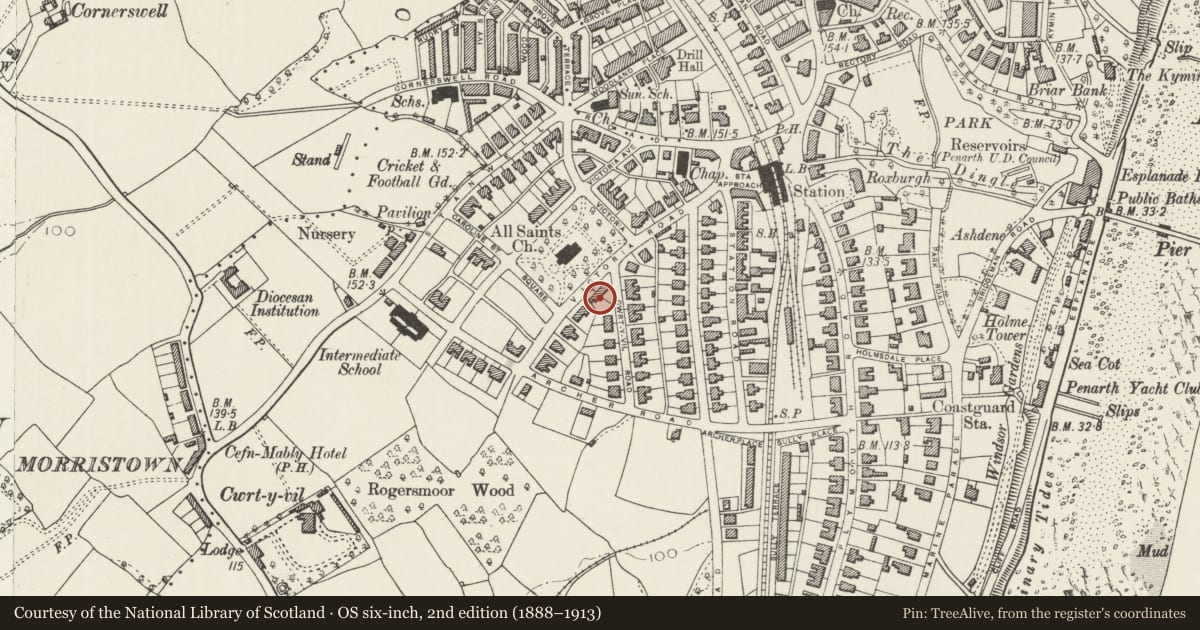 Ordnance Survey six-inch map, 2nd edition (1888–1913) covering the location of St Margaret's, Penarth, Vale of Glamorgan, with a pin at the register's coordinates