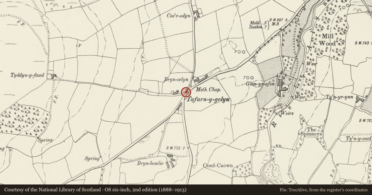 Ordnance Survey six-inch map, 2nd edition (1888–1913) covering the location of Telephone Call-box beside Ty Capel, 1494 (W side), Tafarn-y-gelyn, Llanferres, Denbighshire, with a pin at the register's coordinates