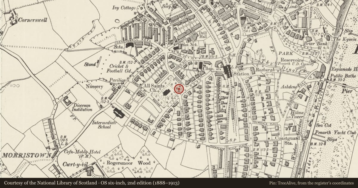 Ordnance Survey six-inch map, 2nd edition (1888–1913) covering the location of All Saints Parish Hall, Penarth, Vale of Glamorgan, with a pin at the register's coordinates