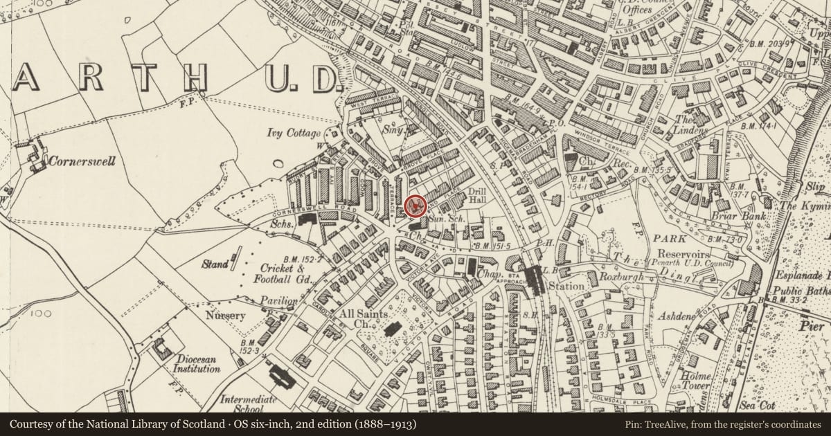 Ordnance Survey six-inch map, 2nd edition (1888–1913) covering the location of Woodland Hall, Penarth, Vale of Glamorgan, with a pin at the register's coordinates