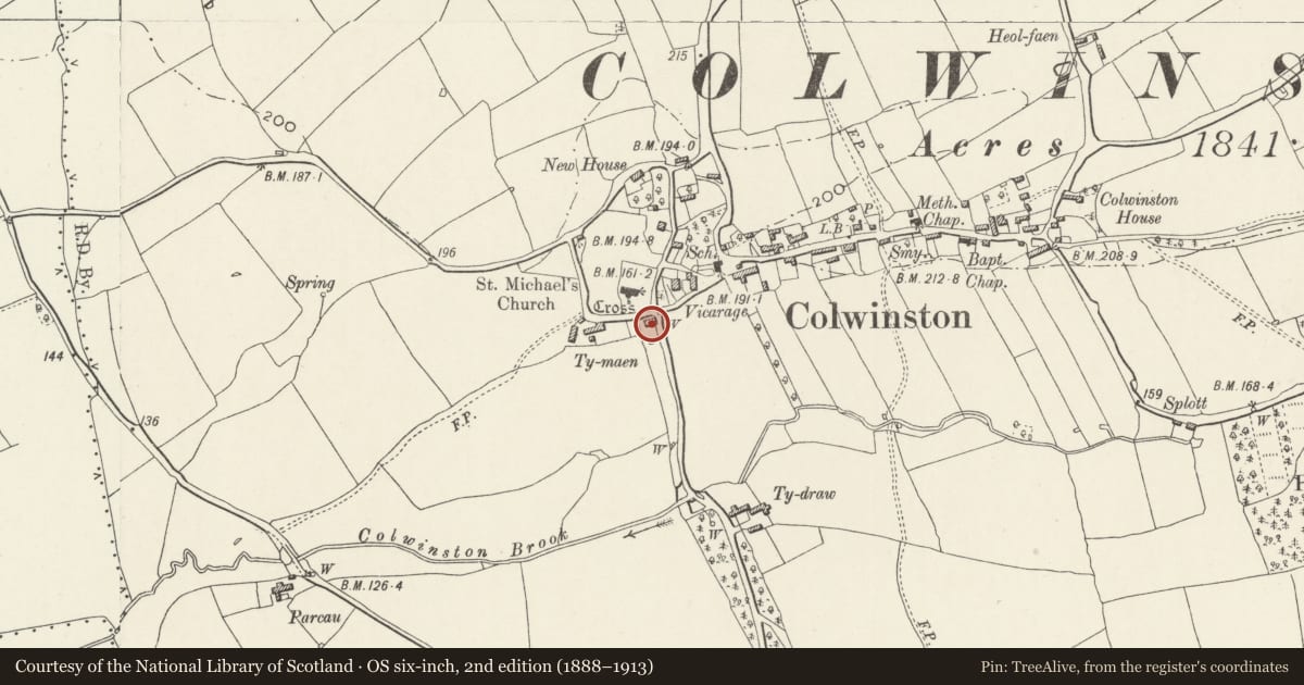Ordnance Survey six-inch map, 2nd edition (1888–1913) covering the location of The Old Parsonage, Colwinston, Vale of Glamorgan, with a pin at the register's coordinates