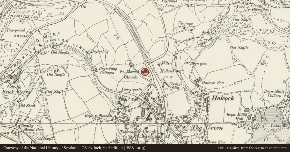 Ordnance Survey six-inch map, 2nd edition (1888–1913) covering the location of Church of Saint Mary, Brymbo, Wrexham, with a pin at the register's coordinates