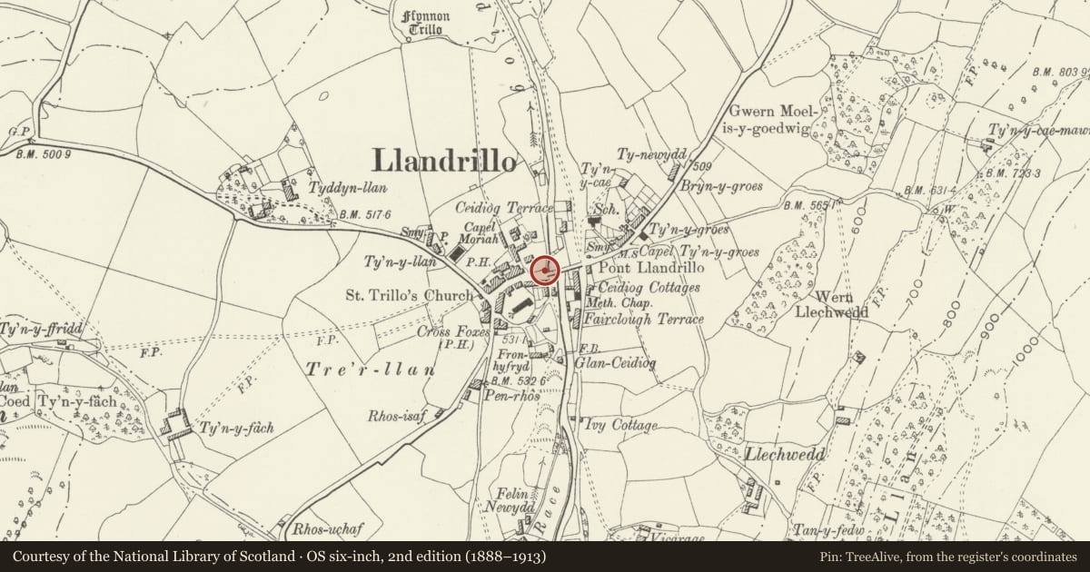 Ordnance Survey six-inch map, 2nd edition (1888–1913) covering the location of Telephone Call-box, Llandrillo, Denbighshire, with a pin at the register's coordinates