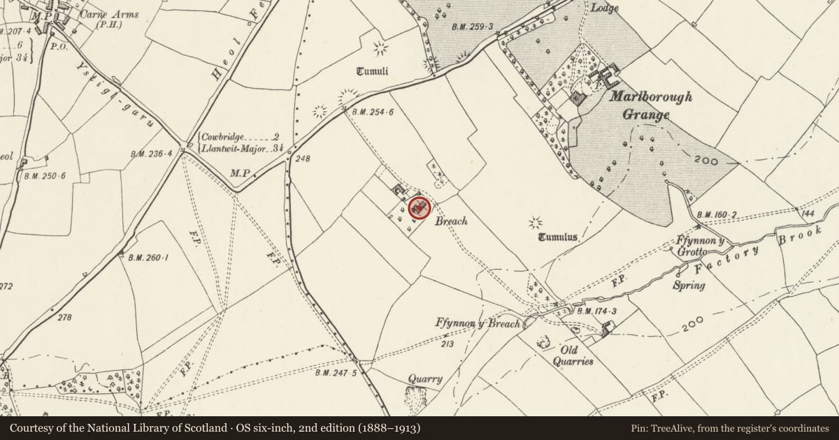 Ordnance Survey six-inch map, 2nd edition (1888–1913) covering the location of Breach Farm House, Cowbridge with Llanblethian, Vale of Glamorgan, with a pin at the register's coordinates