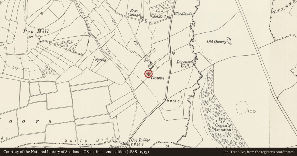 Ordnance Survey six-inch map, 2nd edition (1888–1913) covering the location of Downs Farmhouse, Dinas Powys, Vale of Glamorgan, with a pin at the register's coordinates