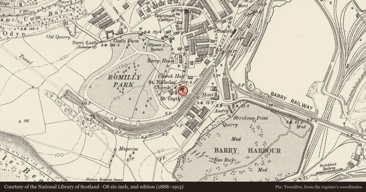 Ordnance Survey six-inch map, 2nd edition (1888–1913) covering the location of Cross at Church of St Nicholas, Barry, Vale of Glamorgan, with a pin at the register's coordinates