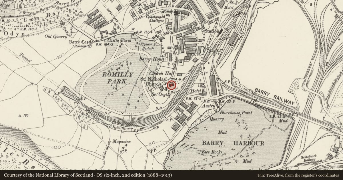 Ordnance Survey six-inch map, 2nd edition (1888–1913) covering the location of Former Church of St Nicholas, Barry, Vale of Glamorgan, with a pin at the register's coordinates