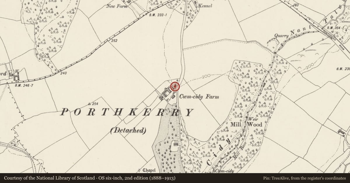 Ordnance Survey six-inch map, 2nd edition (1888–1913) covering the location of Cwm-cidy Farm Cottage, Rhoose, Vale of Glamorgan, with a pin at the register's coordinates