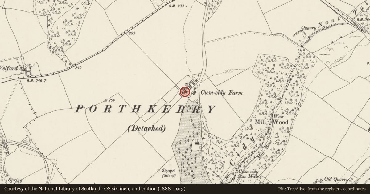 Ordnance Survey six-inch map, 2nd edition (1888–1913) covering the location of The Coachhouse, Cwm-cidy Farm, Rhoose, Vale of Glamorgan, with a pin at the register's coordinates