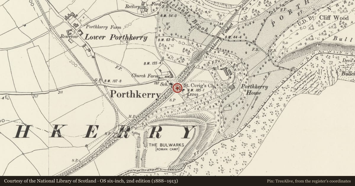 Ordnance Survey six-inch map, 2nd edition (1888–1913) covering the location of The Old School House, Rhoose, Vale of Glamorgan, with a pin at the register's coordinates