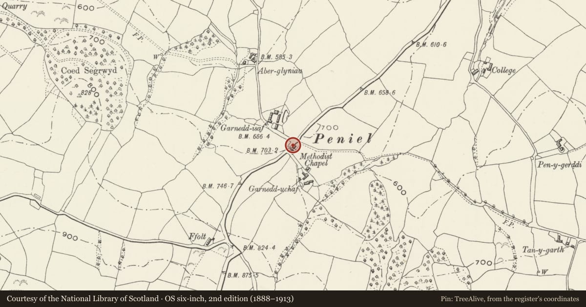 Ordnance Survey six-inch map, 2nd edition (1888–1913) covering the location of Telephone Call-box, Llanrhaeadr yng Nghinmeirch, Denbighshire, with a pin at the register's coordinates