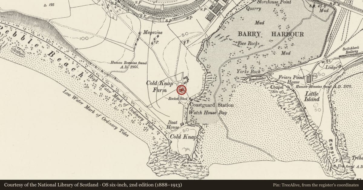 Ordnance Survey six-inch map, 2nd edition (1888–1913) covering the location of Whitehouse Cottage, Barry, Vale of Glamorgan, with a pin at the register's coordinates
