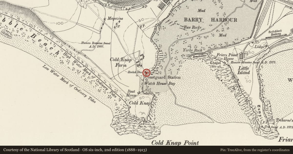 Ordnance Survey six-inch map, 2nd edition (1888–1913) covering the location of Watchtower, Barry, Vale of Glamorgan, with a pin at the register's coordinates
