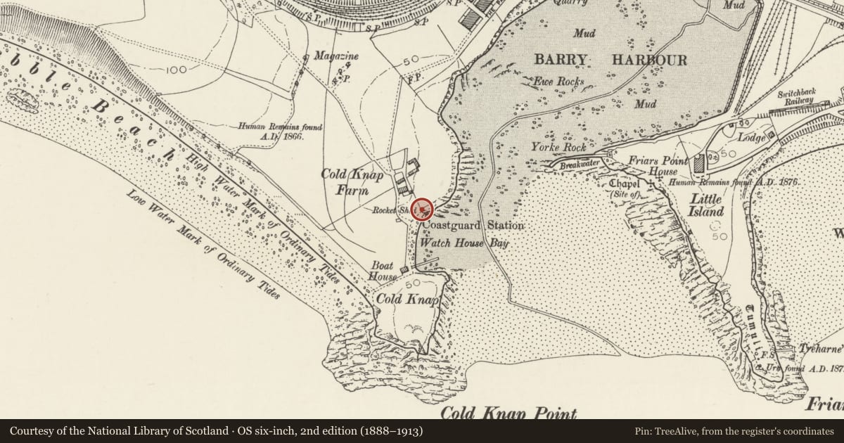 Ordnance Survey six-inch map, 2nd edition (1888–1913) covering the location of Old Rocket Station, Barry, Vale of Glamorgan, with a pin at the register's coordinates