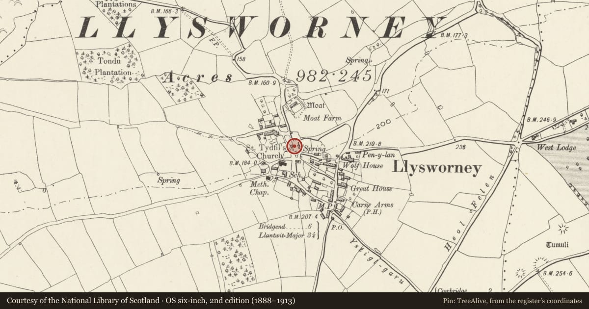 Ordnance Survey six-inch map, 2nd edition (1888–1913) covering the location of The Old Sheep Washery, Llandow, Vale of Glamorgan, with a pin at the register's coordinates