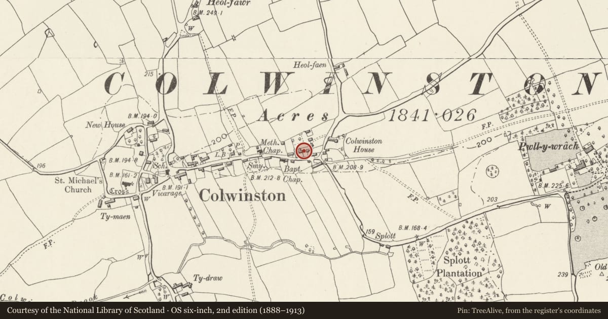 Ordnance Survey six-inch map, 2nd edition (1888–1913) covering the location of Village House, Colwinston, Vale of Glamorgan, with a pin at the register's coordinates