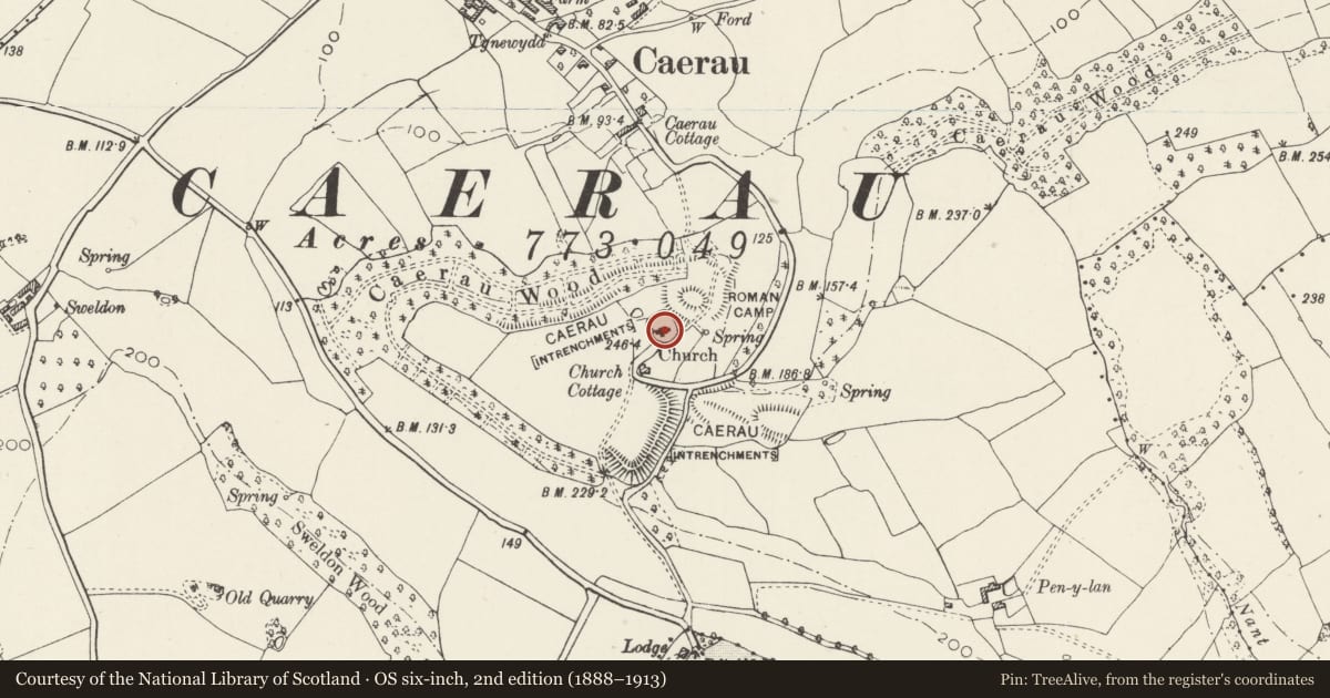 Ordnance Survey six-inch map, 2nd edition (1888–1913) covering the location of Church of St Mary, Caerau, Cardiff, with a pin at the register's coordinates