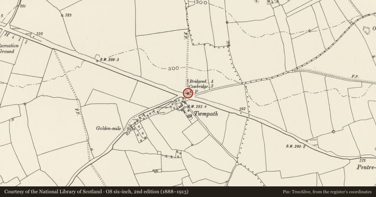Ordnance Survey six-inch map, 2nd edition (1888–1913) covering the location of Milepost on north-east side of A48, opposite to Twmpath Farm, Colwinston, Vale of Glamorgan, with a pin at the register's coordinates