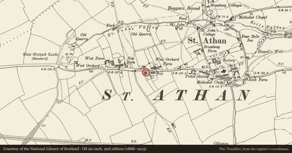 Ordnance Survey six-inch map, 2nd edition (1888–1913) covering the location of Myrtle Cottage, including attached outhouses, St. Athan, Vale of Glamorgan, with a pin at the register's coordinates