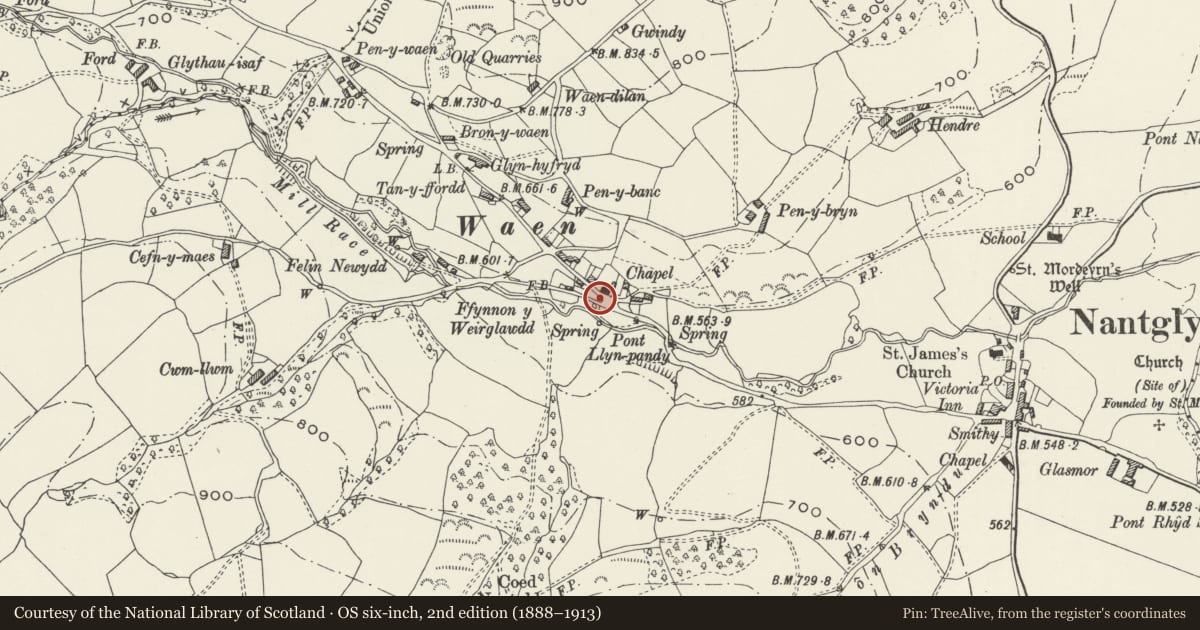 Ordnance Survey six-inch map, 2nd edition (1888–1913) covering the location of Telephone Call-box, Nantglyn, Denbighshire, with a pin at the register's coordinates