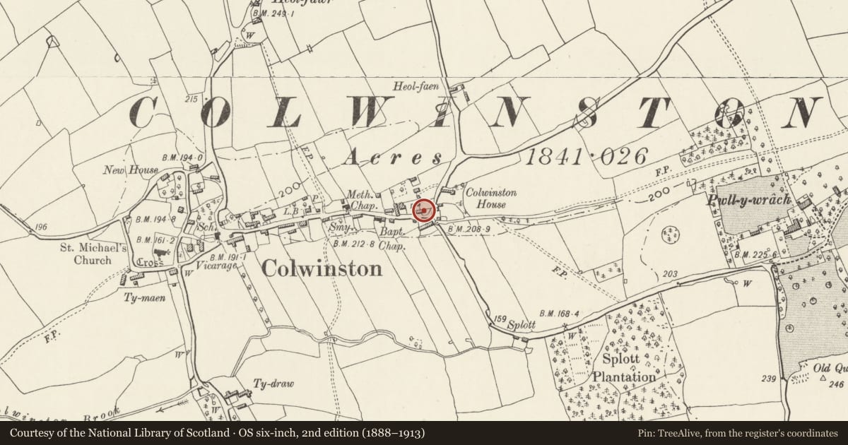 Ordnance Survey six-inch map, 2nd edition (1888–1913) covering the location of The Sages, Colwinston, Vale of Glamorgan, with a pin at the register's coordinates