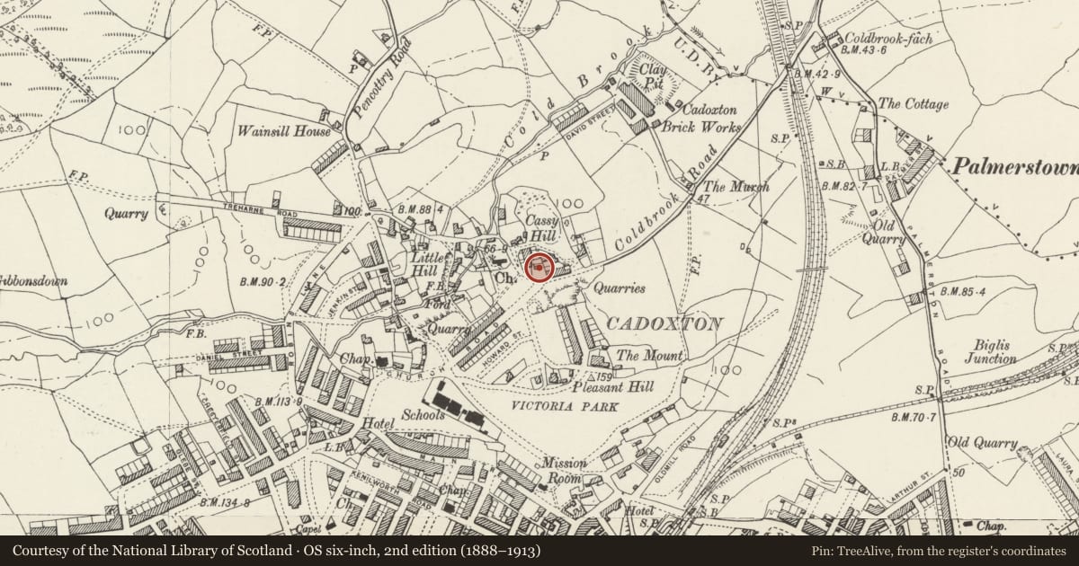 Ordnance Survey six-inch map, 2nd edition (1888–1913) covering the location of The Old Schoolhouse, Barry, Vale of Glamorgan, with a pin at the register's coordinates