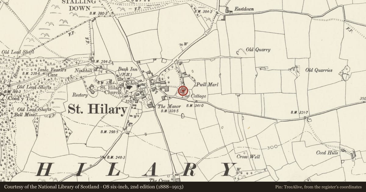 Ordnance Survey six-inch map, 2nd edition (1888–1913) covering the location of The Cottage, Llanfair, Vale of Glamorgan, with a pin at the register's coordinates