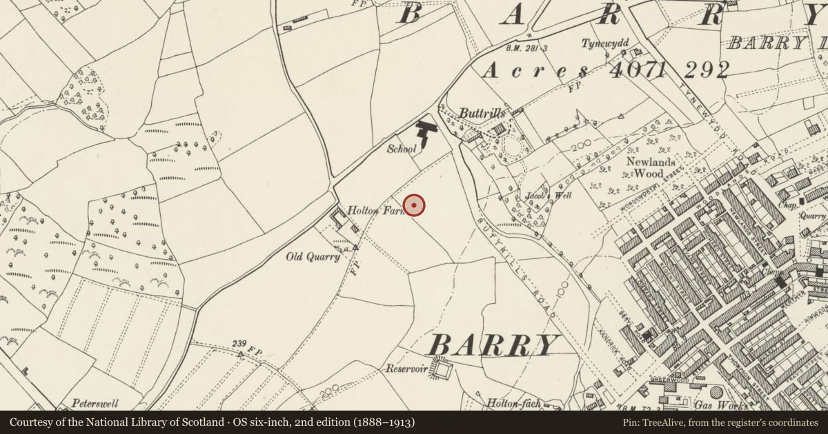 Ordnance Survey six-inch map, 2nd edition (1888–1913) covering the location of Vale Resource Centre, Barry, Vale of Glamorgan, with a pin at the register's coordinates