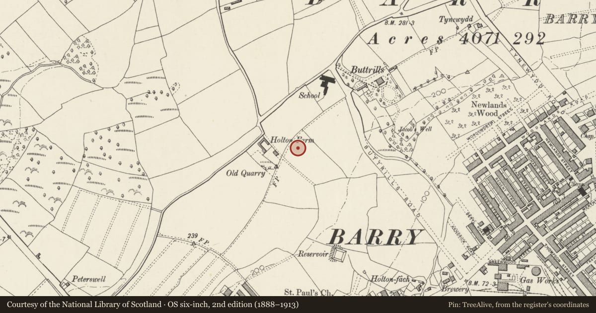 Ordnance Survey six-inch map, 2nd edition (1888–1913) covering the location of Springbank Nursing Home, Barry, Vale of Glamorgan, with a pin at the register's coordinates