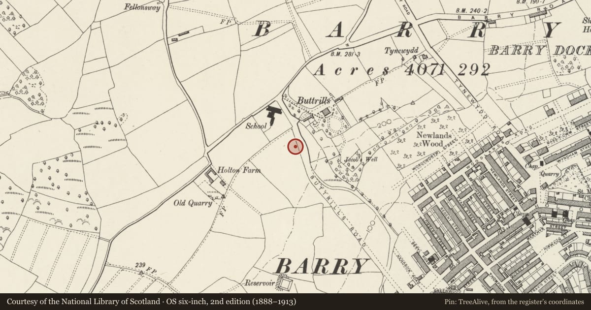 Ordnance Survey six-inch map, 2nd edition (1888–1913) covering the location of Former Caretaker's Cottage at former Polytechnic of Wales, Barry, Vale of Glamorgan, with a pin at the register's coordinates