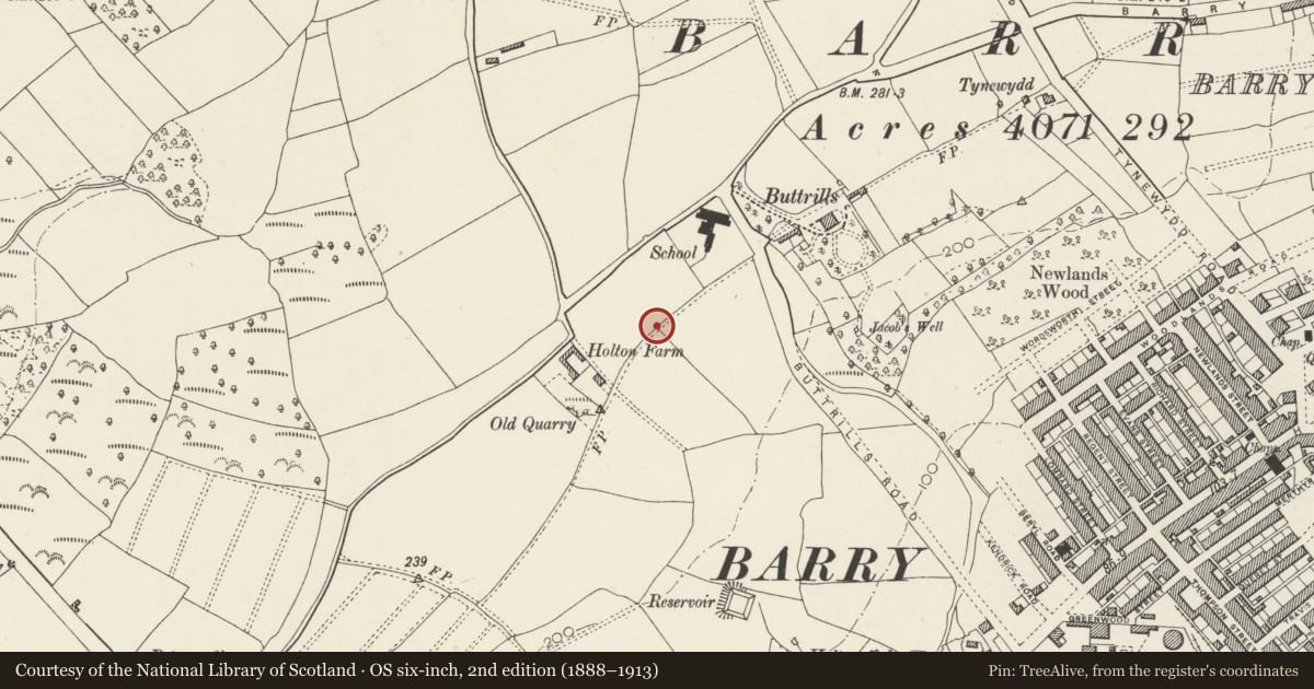 Ordnance Survey six-inch map, 2nd edition (1888–1913) covering the location of Former Chapel at former Polytechnic of Wales, Barry, Vale of Glamorgan, with a pin at the register's coordinates