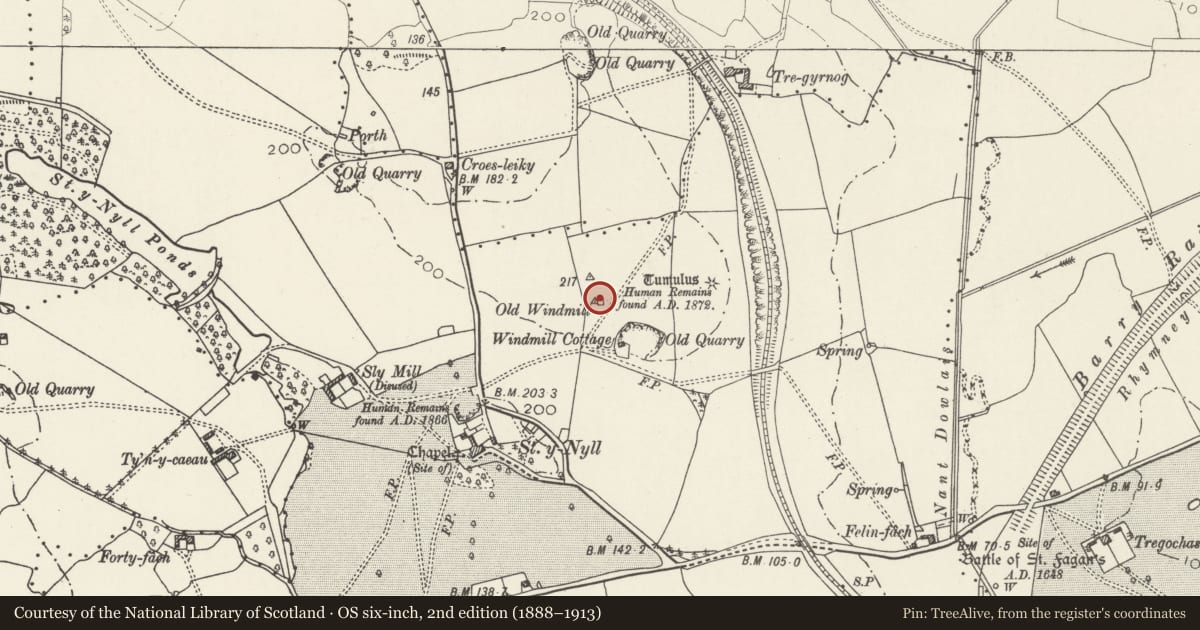 Ordnance Survey six-inch map, 2nd edition (1888–1913) covering the location of St-y-Nyll windmill tower and attached barn remains, St. Georges-super-Ely, Vale of Glamorgan, with a pin at the register's coordinates
