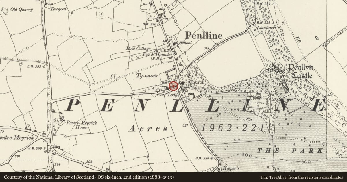 Ordnance Survey six-inch map, 2nd edition (1888–1913) covering the location of Great House, Penllyn, Vale of Glamorgan, with a pin at the register's coordinates