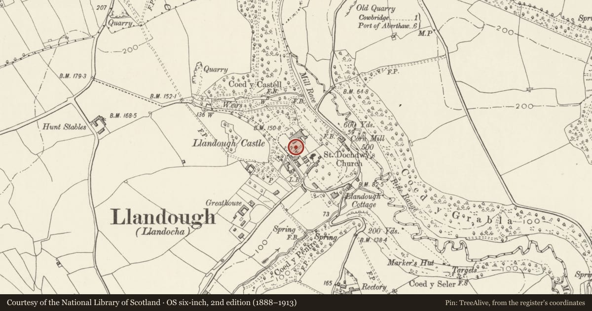 Ordnance Survey six-inch map, 2nd edition (1888–1913) covering the location of The Gatehouse (including attached boundary walls), Llanfair, Vale of Glamorgan, with a pin at the register's coordinates