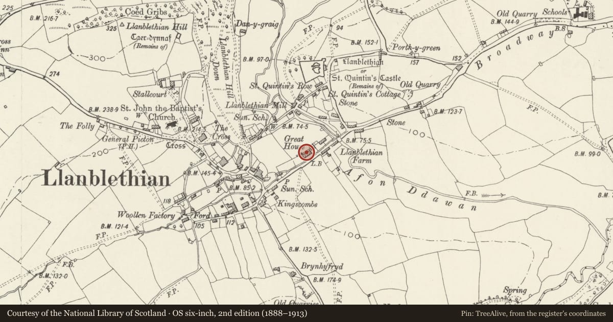 Ordnance Survey six-inch map, 2nd edition (1888–1913) covering the location of Great House with Forecourt Walls & Gatepiers, Cowbridge with Llanblethian, Vale of Glamorgan, with a pin at the register's coordinates