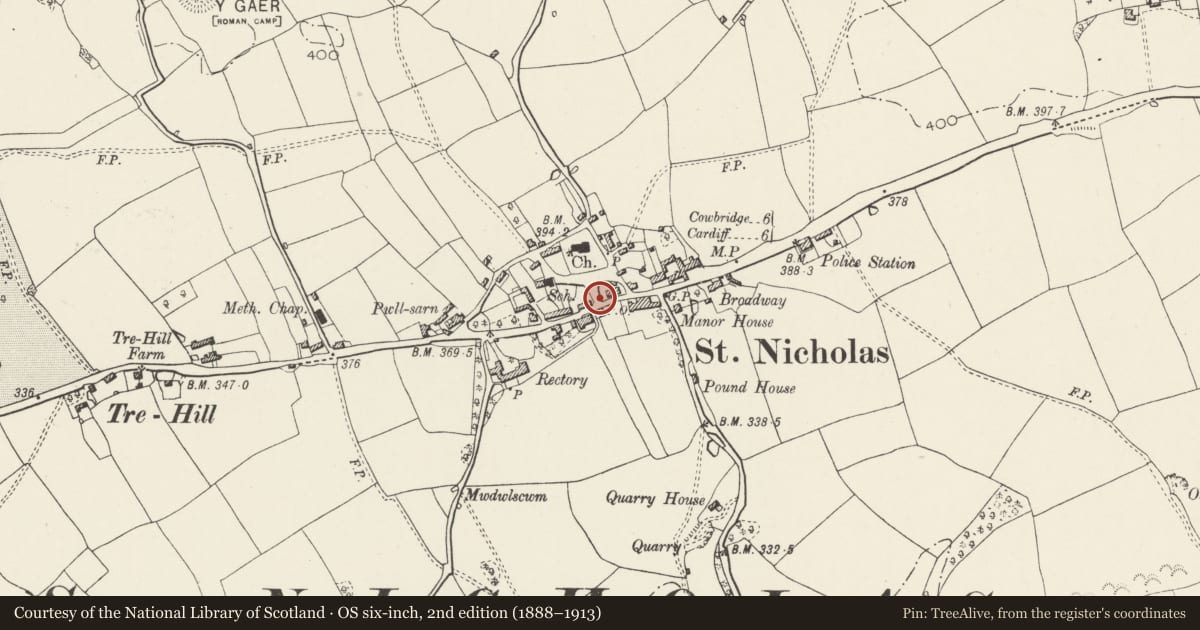 Ordnance Survey six-inch map, 2nd edition (1888–1913) covering the location of Telephone Call-box on corner with road to St Nicholas' Church, St. Nicholas and Bonvilston, Vale of Glamorgan, with a pin at the register's coordinates