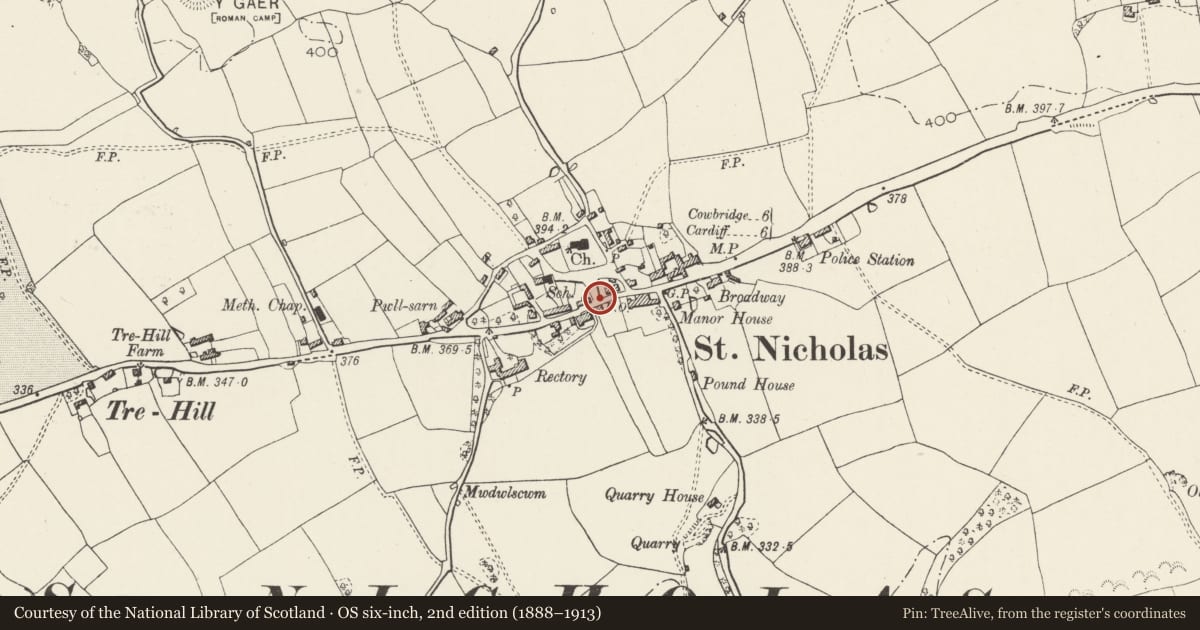 Ordnance Survey six-inch map, 2nd edition (1888–1913) covering the location of GPO Pillar on corner with Road to St Nicholas' Church, St. Nicholas and Bonvilston, Vale of Glamorgan, with a pin at the register's coordinates