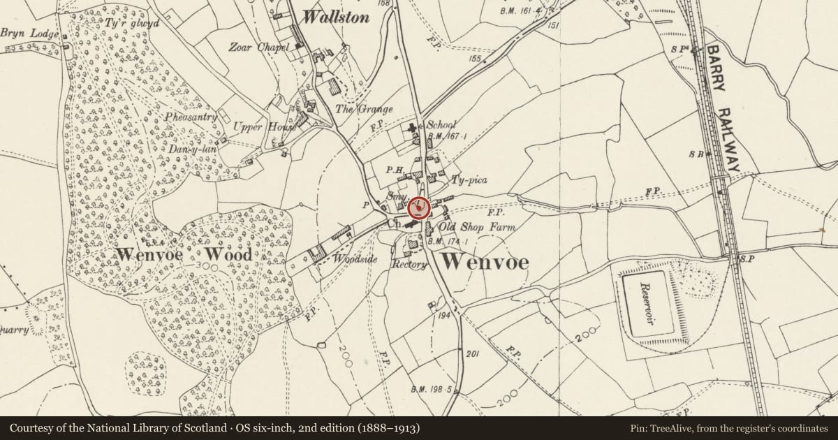 Ordnance Survey six-inch map, 2nd edition (1888–1913) covering the location of Telephone Call-box on Village Green, Wenvoe, Vale of Glamorgan, with a pin at the register's coordinates