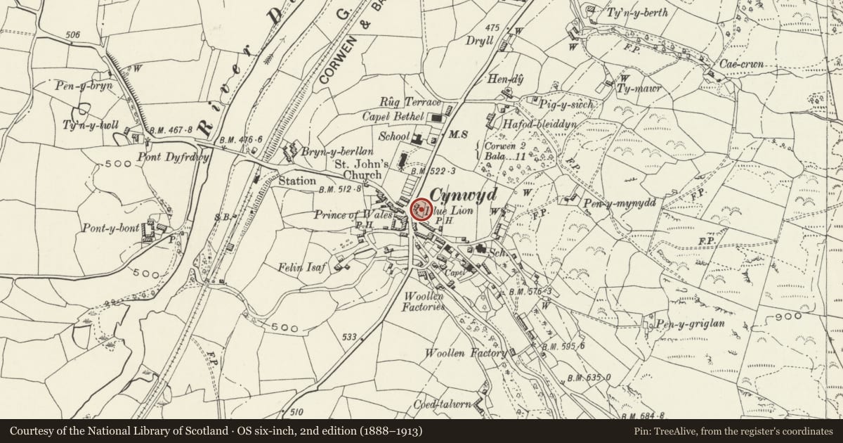 Ordnance Survey six-inch map, 2nd edition (1888–1913) covering the location of The Blue Lion Hotel, Cynwyd, Denbighshire, with a pin at the register's coordinates
