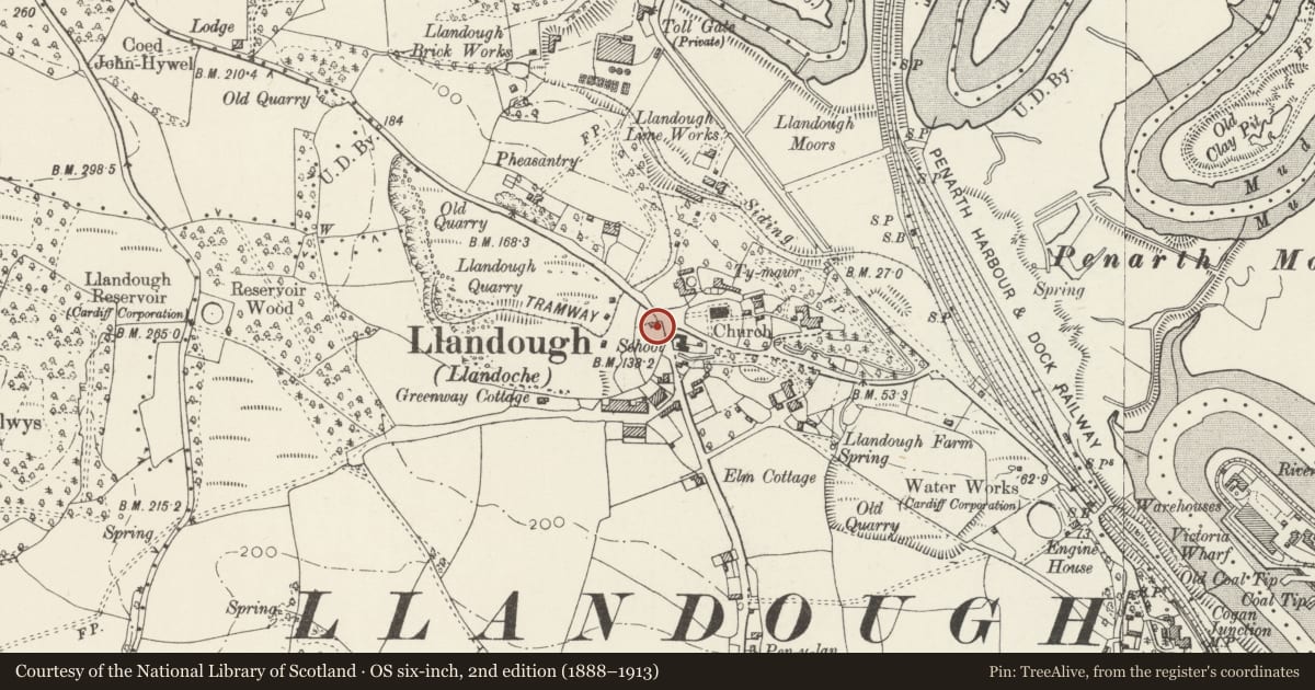 Ordnance Survey six-inch map, 2nd edition (1888–1913) covering the location of Pound Cottage, Llandough, Vale of Glamorgan, with a pin at the register's coordinates
