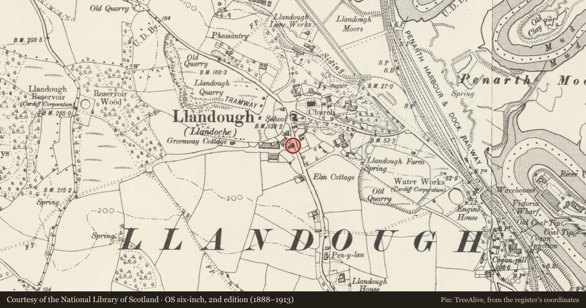 Ordnance Survey six-inch map, 2nd edition (1888–1913) covering the location of Former National School and School-house, Llandough, Vale of Glamorgan, with a pin at the register's coordinates
