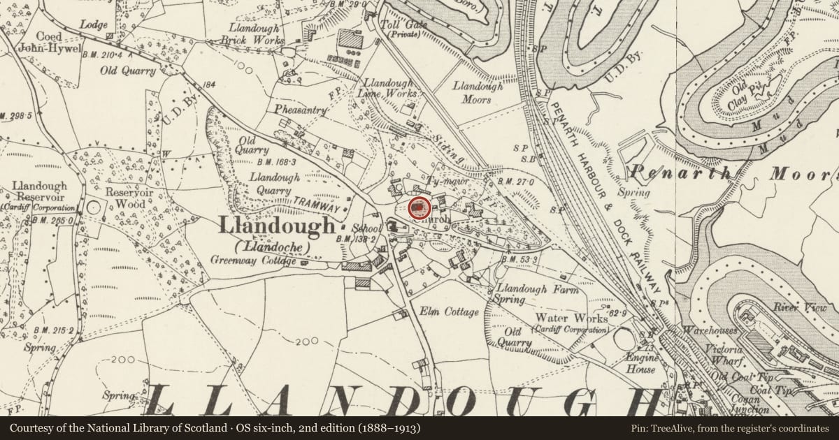 Ordnance Survey six-inch map, 2nd edition (1888–1913) covering the location of Church of St Dochdwy, Llandough, Vale of Glamorgan, with a pin at the register's coordinates