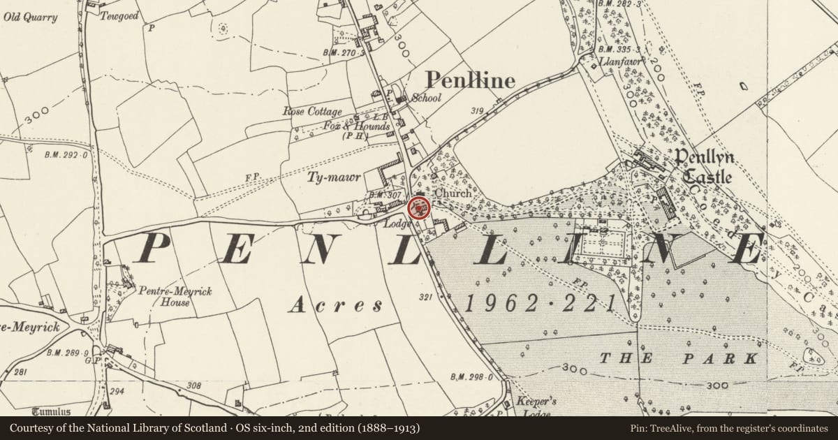 Ordnance Survey six-inch map, 2nd edition (1888–1913) covering the location of Lodge Cottage, Penllyn, Vale of Glamorgan, with a pin at the register's coordinates