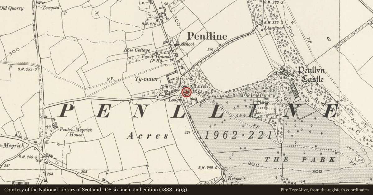 Ordnance Survey six-inch map, 2nd edition (1888–1913) covering the location of Penllyn Cottage, Vale of Glamorgan, with a pin at the register's coordinates