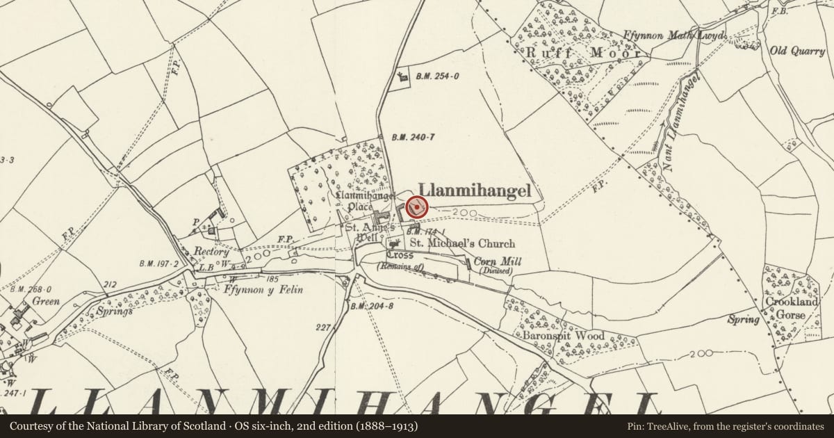 Ordnance Survey six-inch map, 2nd edition (1888–1913) covering the location of Barn and Stable to E of Llanmihangel Place, Llandow, Vale of Glamorgan, with a pin at the register's coordinates