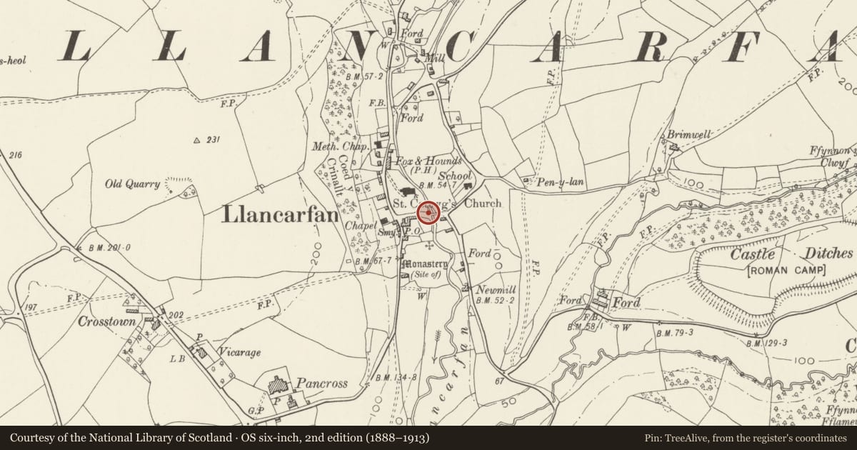Ordnance Survey six-inch map, 2nd edition (1888–1913) covering the location of Telephone Call-box between the Parish Hall and the bridge, Llancarfan, Vale of Glamorgan, with a pin at the register's coordinates
