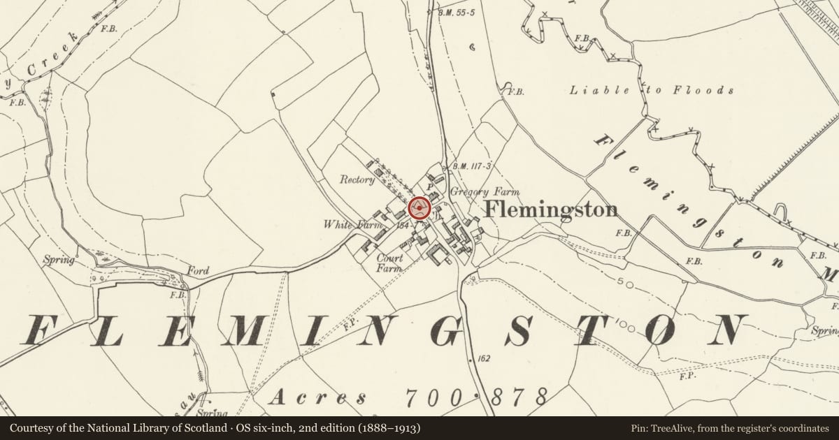 Ordnance Survey six-inch map, 2nd edition (1888–1913) covering the location of Telephone Call-box on the road verge to the north of the Church of St Michael the Archangel, St. Athan, Vale of Glamorgan, with a pin at the register's coordinates