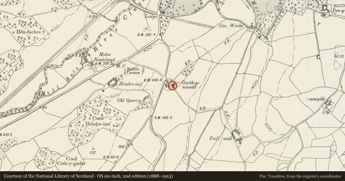 Ordnance Survey six-inch map, 2nd edition (1888–1913) covering the location of Garth-y-neuadd Farmhouse, Llanelidan, Denbighshire, with a pin at the register's coordinates