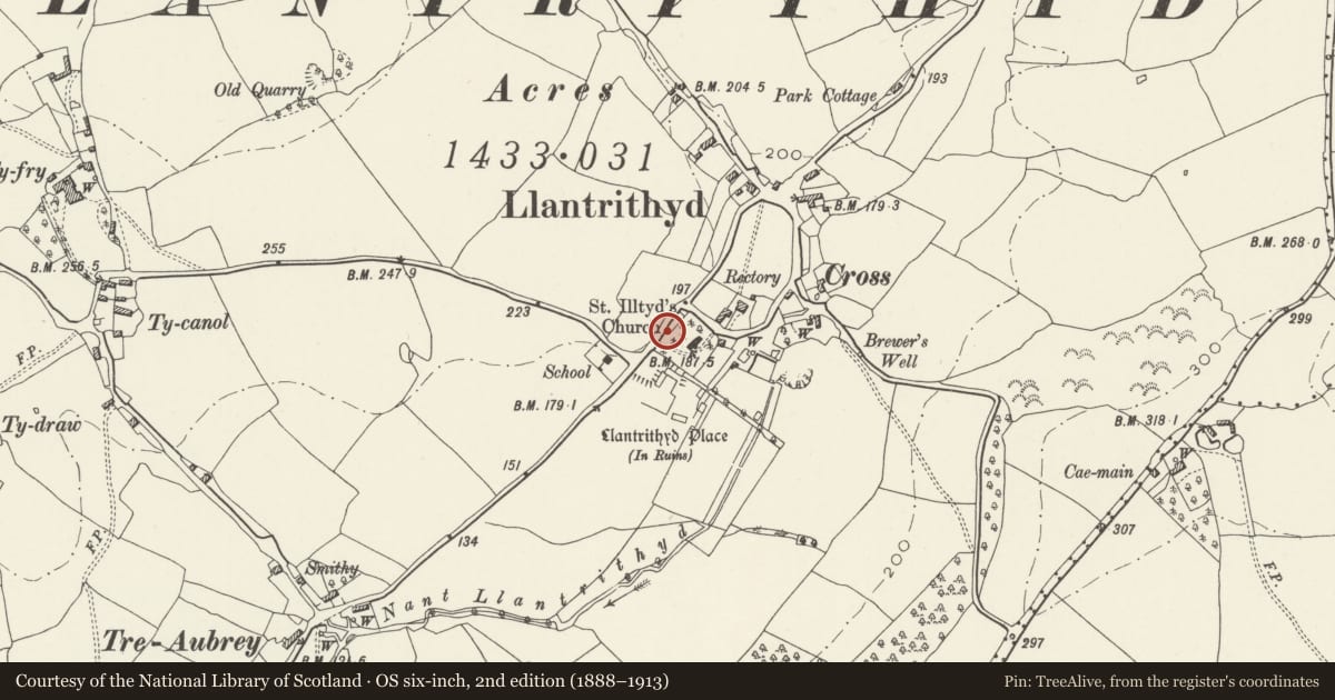 Ordnance Survey six-inch map, 2nd edition (1888–1913) covering the location of Telephone Call-box to N of parish Church, Llancarfan, Vale of Glamorgan, with a pin at the register's coordinates
